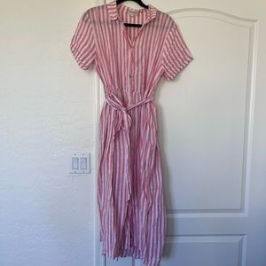 4our Dreamers Anthropologie Striped Midi Linen Dress Pink and White size Large